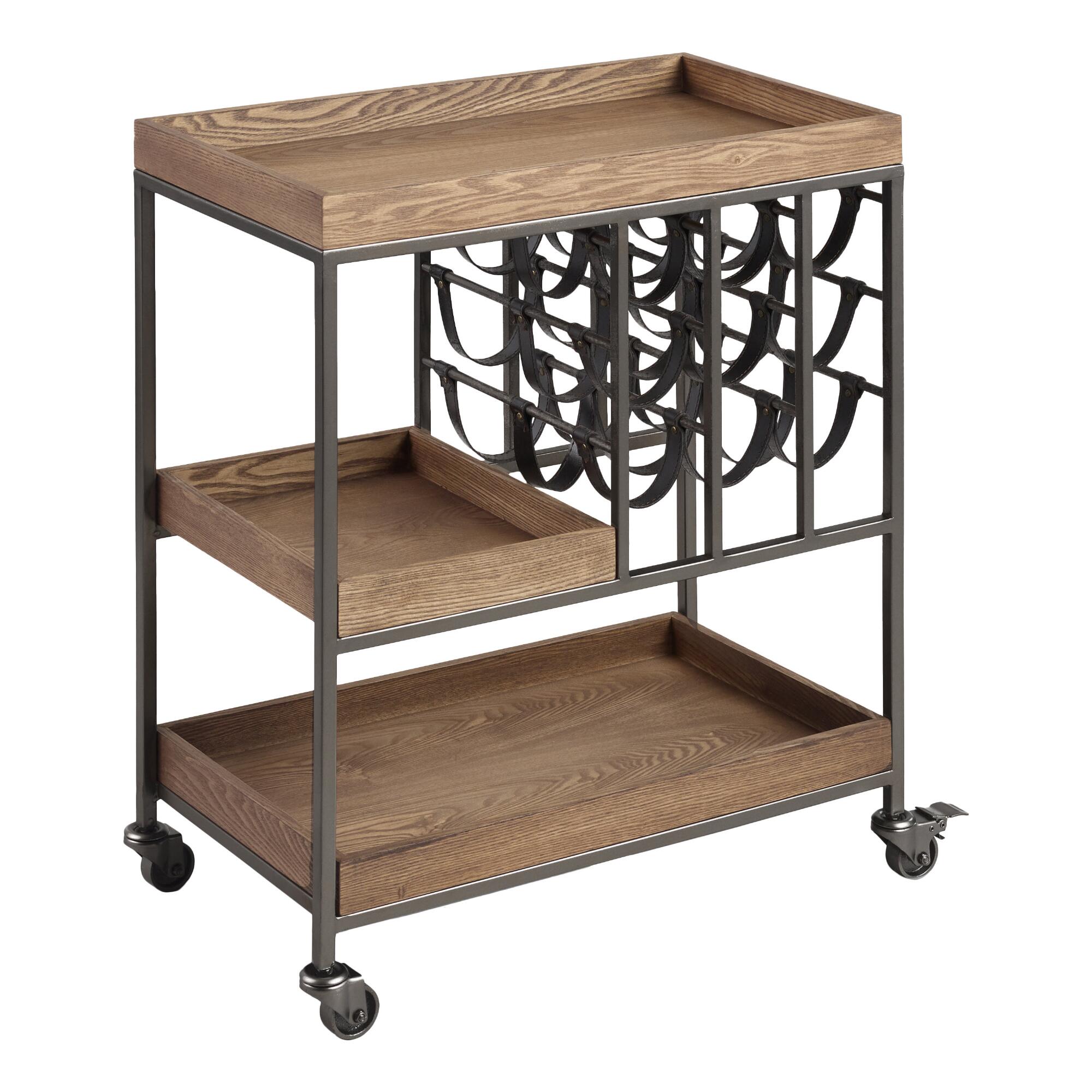 Wood and Faux Leather Strap Bar Cart with Wine Storage by World Market