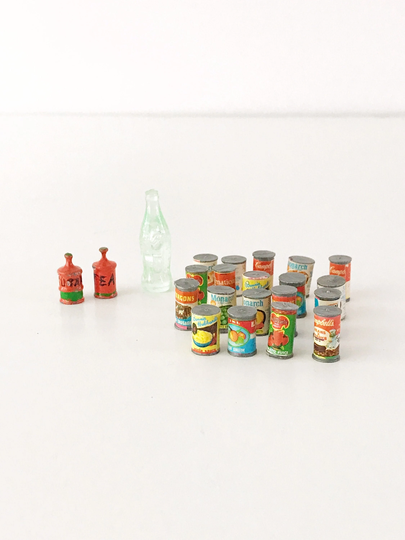 Vintage Dollhouse Canned Goods - Campbells Monarch Coca Cola Tea Sugar 1950S Or 1960S Miniatures Barbie 16 Scale