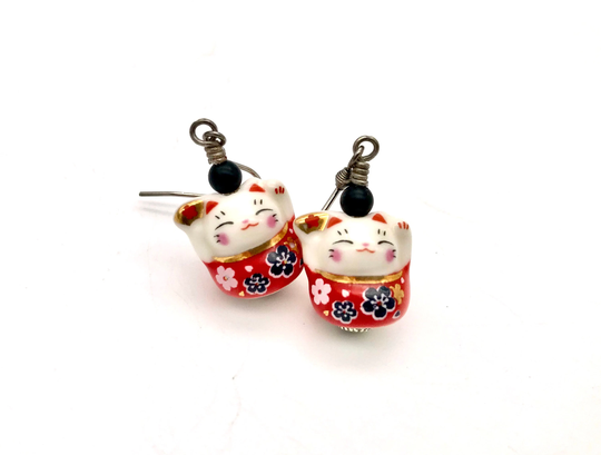 Kawaii Cat Earrings Red Maneki Neko Porcelain Dangle Lucky Ceramic Anime Sakura Cherry Blossom