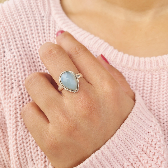 Aqua Chalcedony Ring, Silver Sterling Statement Tear Drop Pear Shape Ring