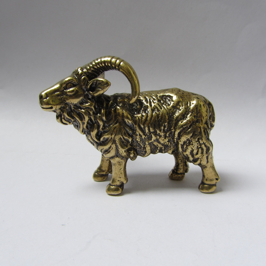 151 G Copper Tea Pet, Vintage Cast Metal Gilt Big Horn, Sheep Ram Paperweight, Ancient Animal Figurine Statue, Home Decor, Argali Art