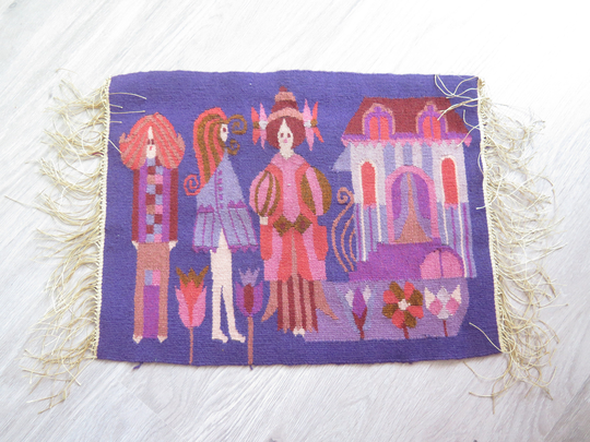 Woven Wool Decor Retro People Purple Orange Pink, Rare Swedish Vintage Tapestry Flamsk Flemish Handwoven Scandinavian #4-42-47