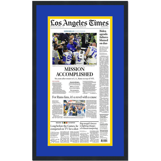 Framed Los Angeles Times La Rams Mission Accomplished Super Bowl Lvi 56 Champions 14x24 Football Newspaper Cover Photo Professionally Matted