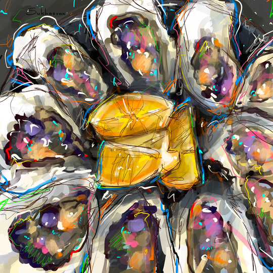 Archival Giclée Print Of The Digital Painting By Victoria Sukhasyan Oysters & Lemon Slices. Frame Not Included