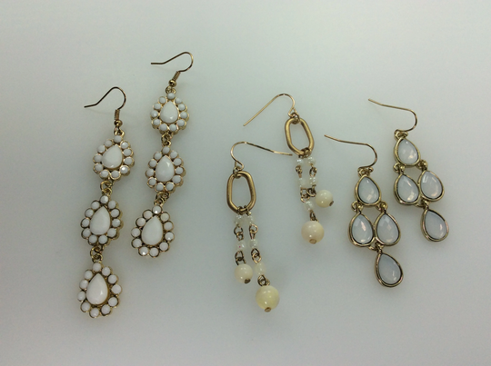 Vintage Lot Three Pair Dangle Earrings Assorted Gold Toned White Beads & Rhinestones Designs Used