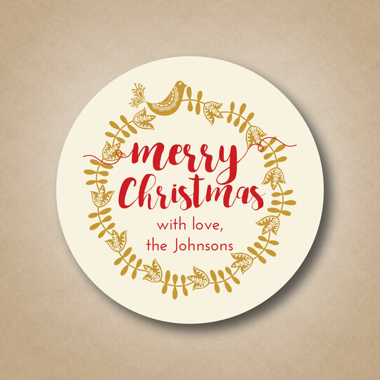 Christmas Gift Tags Gold Stickers Scandinavian Wreath Holiday Labels Custom Bird Sticker