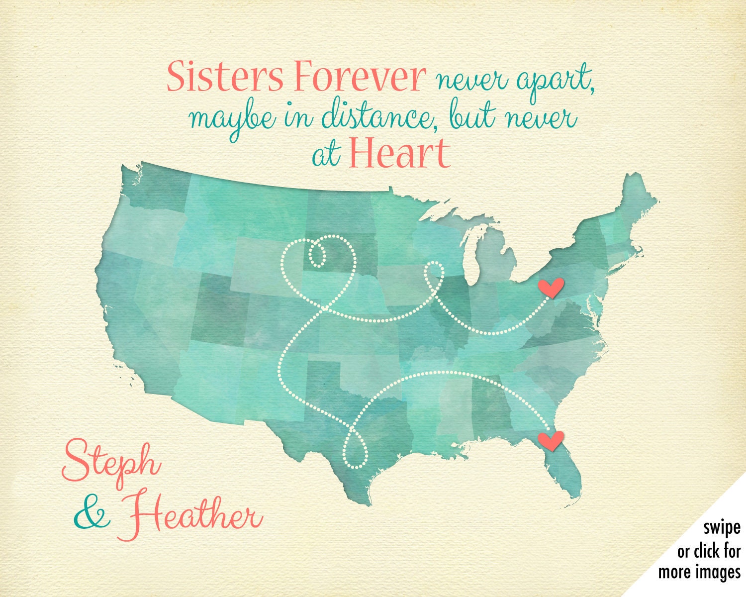 Long Distance Sister Gift, Sisters Us Map Art, Forever Never Apart, Birthday Gift For Far Away