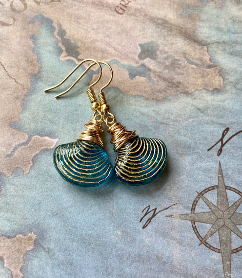 Glass Shell Earrings, Beach Jewelry, Ocean Lover Gift For Her, Coastal Czech Gold Wire Wrap Earrings