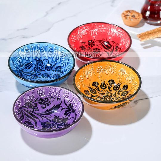Turkish Handpainted Ceramic Offering Bowl, Breakfast Serving 4.7"-12cm Pinch Handmade Ramen Dinnerware Set