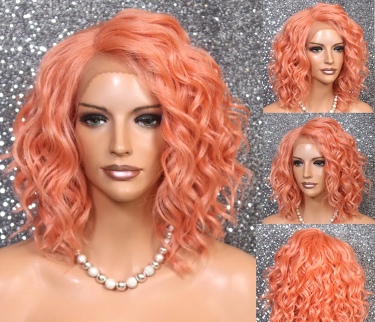 Dark Peach Wavy Human Hair Blend Lace Front Wig Side Hand Tied Parting Emo Anime Theater Cancer Alopeica Celebrity Pageant