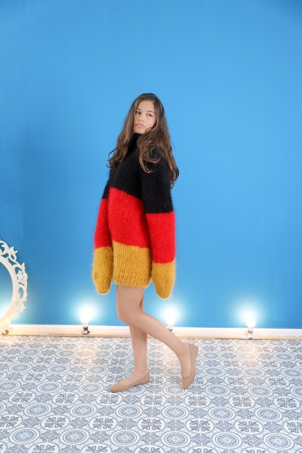 Germany Flag Sweater, Mohair Pullover, Multicolor Plus Size Clothing, Turtleneck Chunky Wool Oversized Sweater