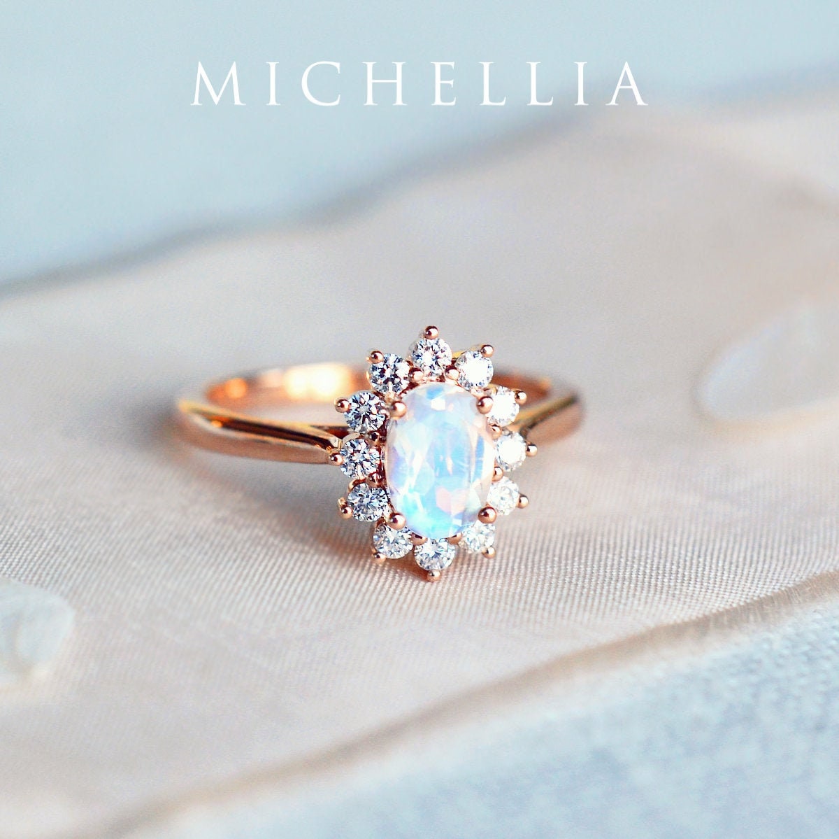 Julianne Moonstone Engagement Ring, Vintage Bloom Halo Diamond Diana Setting, Rose Gold Oval Promise Anniversary Gift