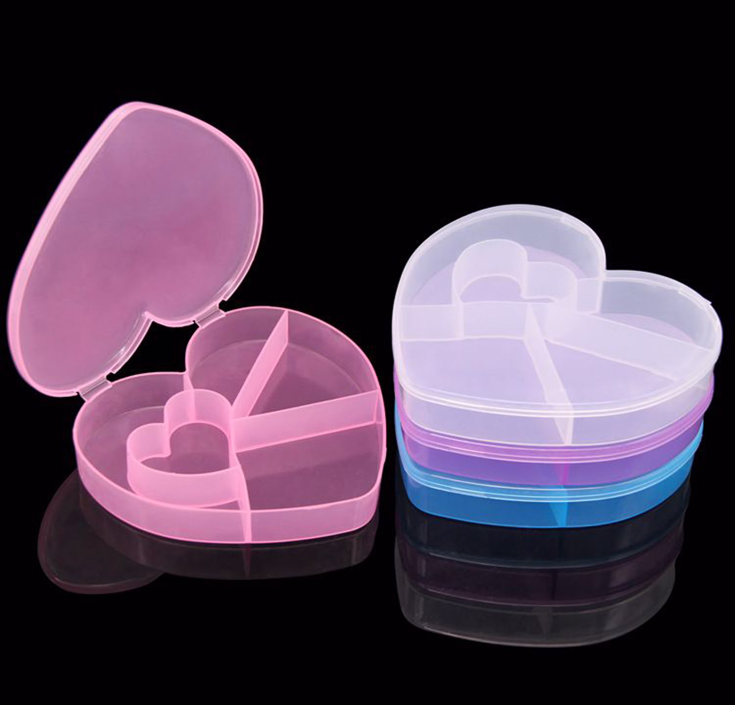 Clear/Pink/Blue/Purple Heart Shape Plastic Box, Clear Heart Box With Dividers 5 Grids, Jewelry Craft Organizer Bead Storage Container
