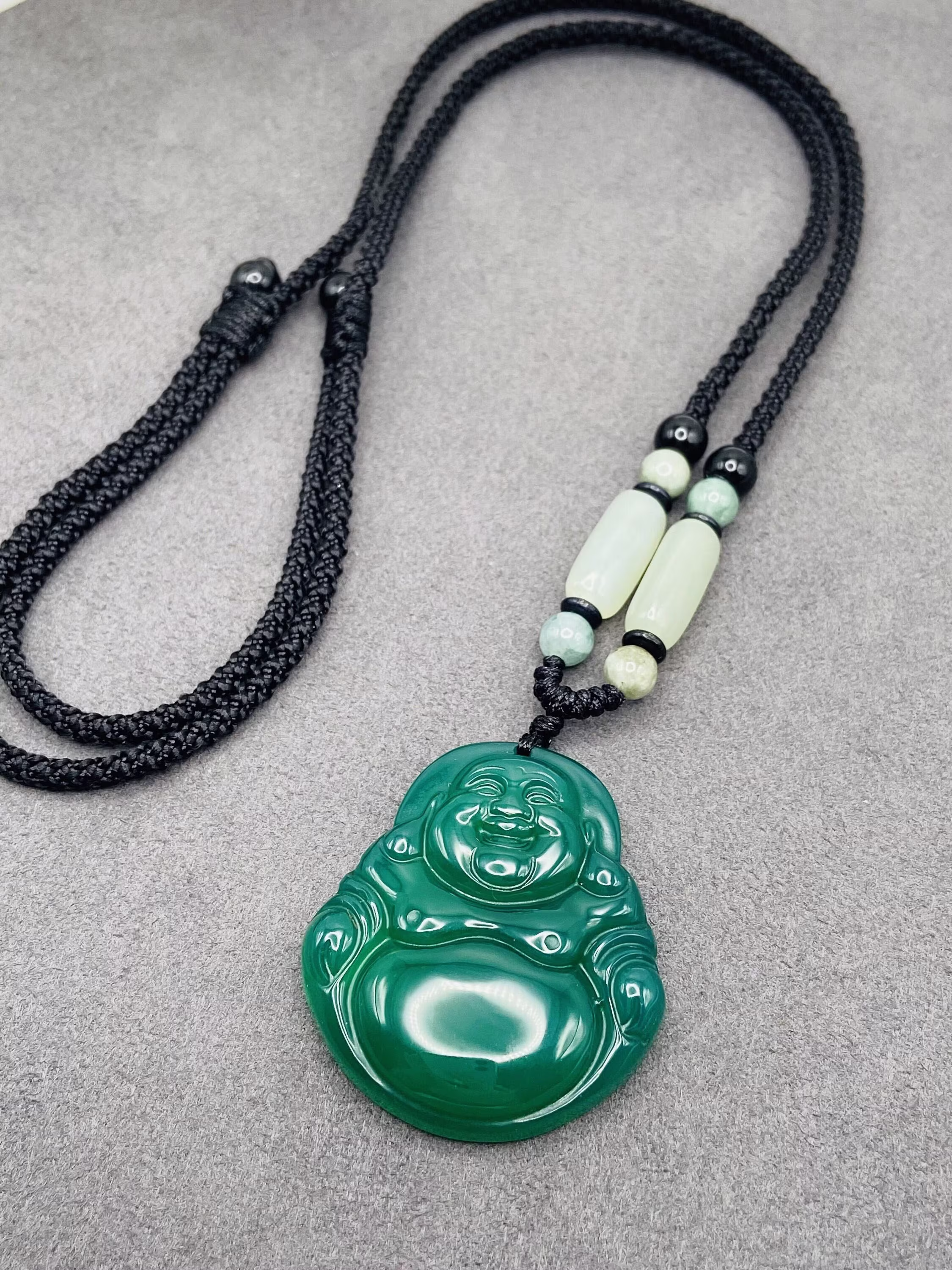 Jade Buddha Charm Pendant with Beads Cord Necklace Chain Handmade Gemstone Unique Jewelry Smiling