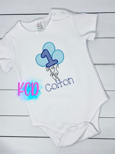 Boy's 1st Birthday Bodysuit, First Boys Birthday Balloons Embroidered Bodysuit, Shirt