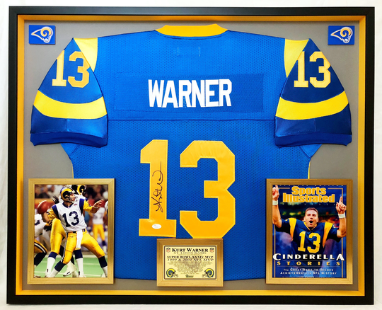 Premium Framed Kurt Warner Autographed/Signed Rams Jersey - Jsa Coa
