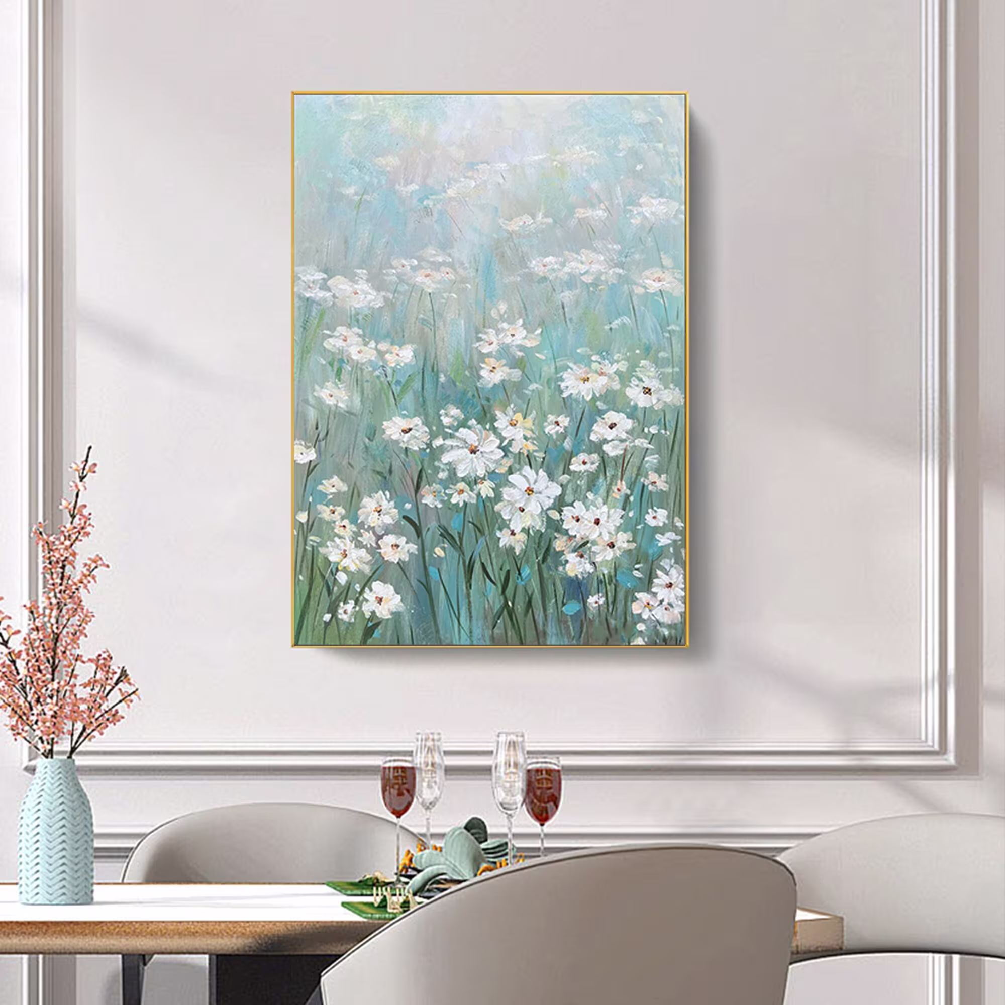 White Daisy Flower Painting Custom Canvas Wall Art Original Floral Textured Living Room Green Plants Spring Decor