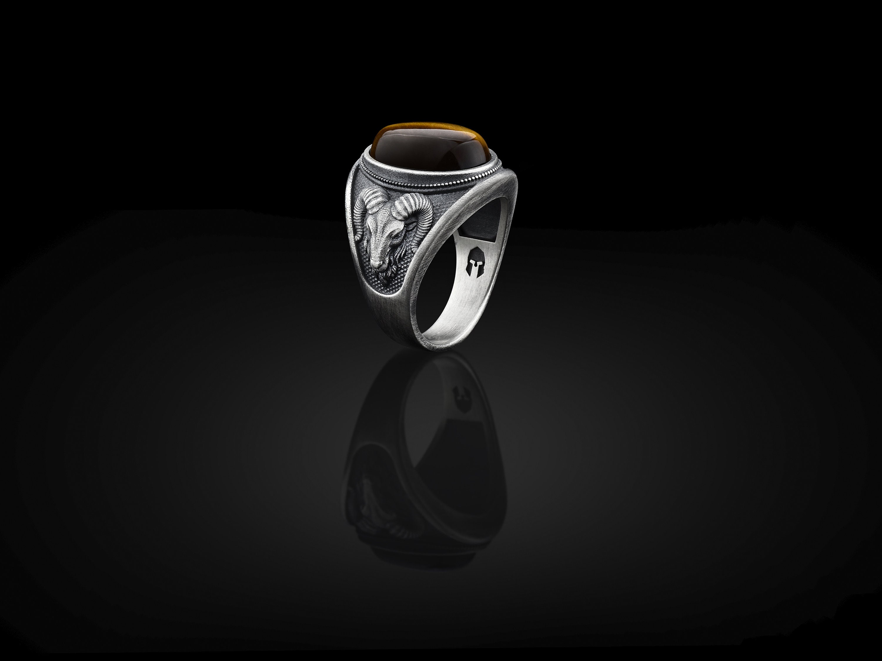 Tiger Eye Wedding Gemstone Mens Ring, Ram Head Signet Silver Men's Aries Man Oxidized Men Jewelry, Ring