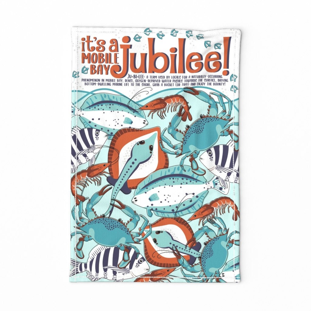 Jubilee Tea Towel - Bounty Of The Bay By Nanshizzle Gulf Coast Marine Life Seafood Alabama Linen Cotton Canvas Spoonflower