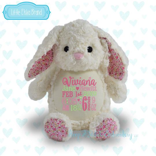 White Floral Bunny Personalized Plush, Little Elska Stuffie, Animal, Stuffed Animal, Little