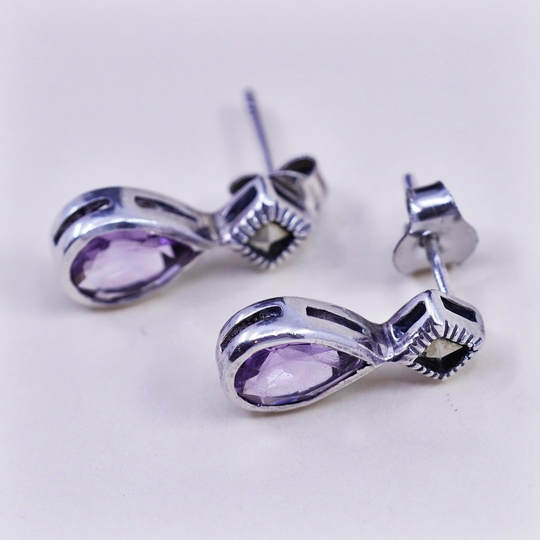 Vintage Dbj Modern Sterling Silver Handmade Earrings, 925 With Teardrop Amethyst & Marcasite, Stamped