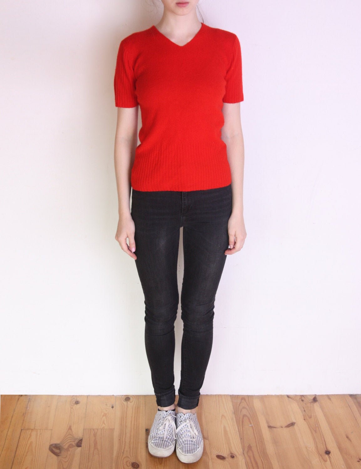 90's Sweater Angora Wool Blend Short Sleeve V Neck Sweater, Fuzzy Red