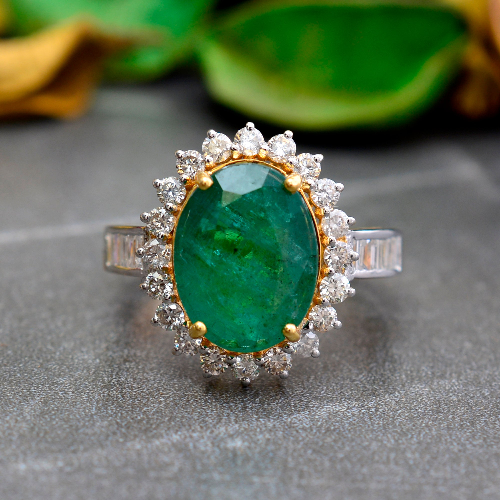 New Emerald Ring 18K Yellow Gold Pave & Baguette Diamond Cocktail Handmade Gemstone Jewelry Gifts For Her