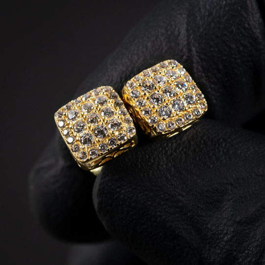 Mens 3D Square 14K Gold Small Iced Cz Sterling Silver Hip Hop Stud Earrings