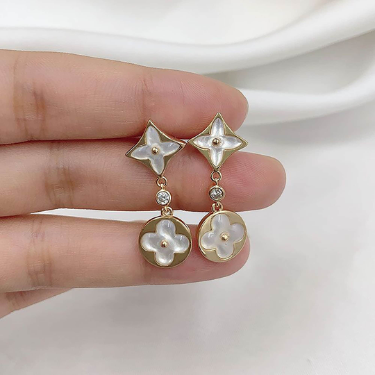 Gold Double Mother Of Pearl Clover Dangle Earrings, Four Leaf Earrings, Clover Drop Jewelry, Clover Gifts