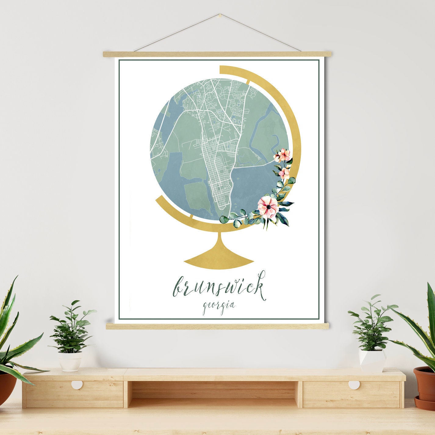 Brunswick Georgia Globe Street Map | Hanging Canvas Of Printed Marketplace