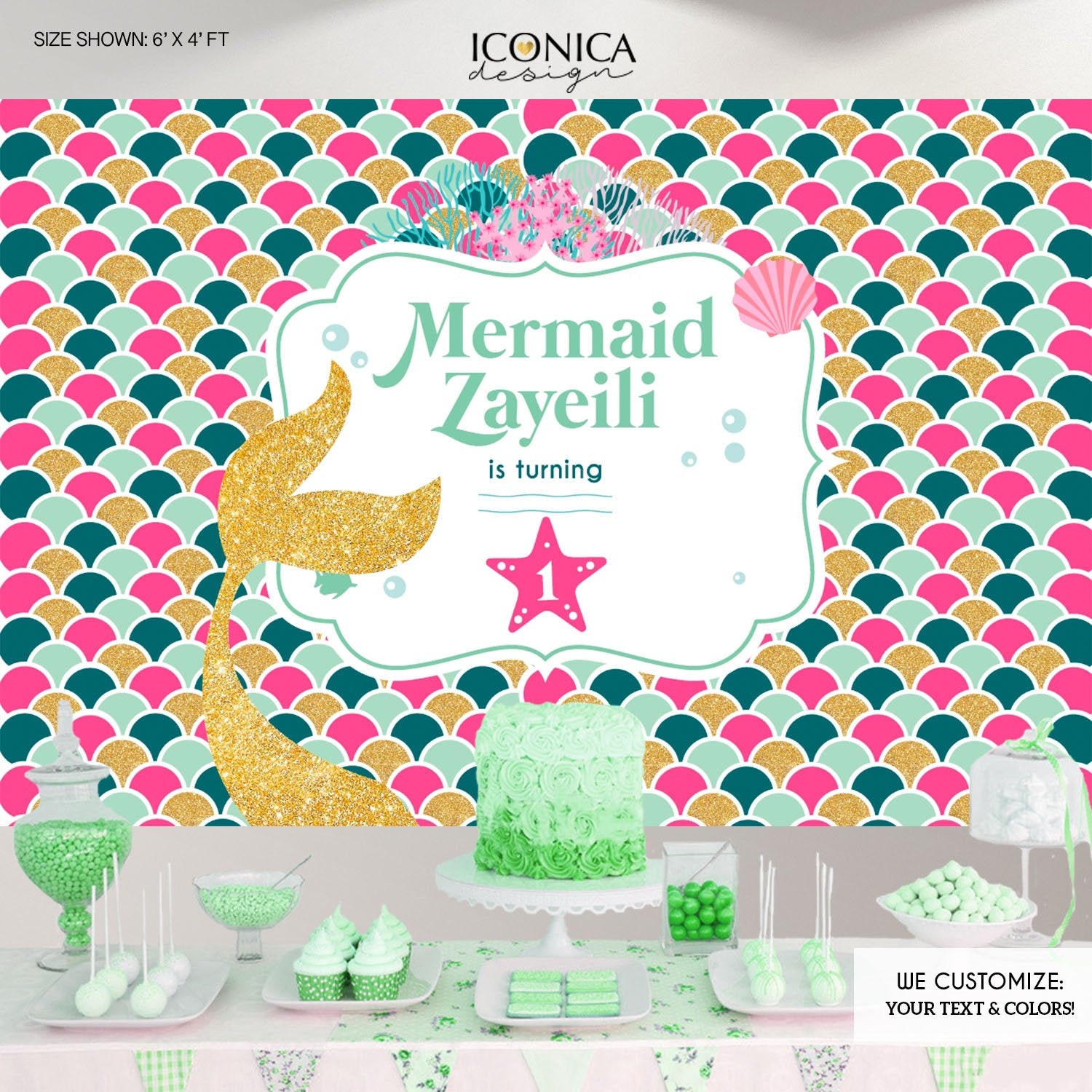Mermaid Party Backdrop, Under The Sea Backdrop, Banner, Any Colors, Seashell Backdrop Printed Or Printable File Bbd0054