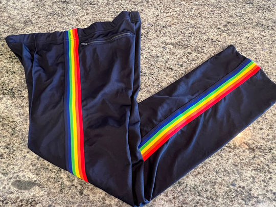 Rare Hang Ten 1970's Navy Blue Knit Track Suit Pants W/Rainbow Stripes Size L~ Hang Ten Tracksuit Pants, Rainbow Stripe Pants