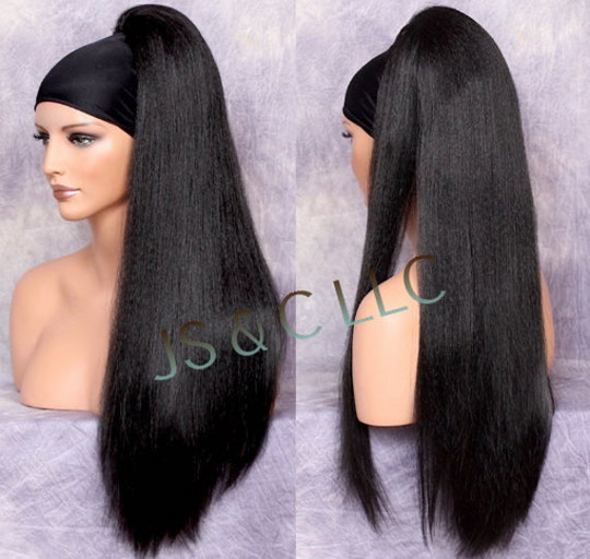 28" Black Human Hair Blend Textured Straight Ponytail Hair Piece Extension Heat Ok Drawstring Cancer Theater Alopecia Cosplay