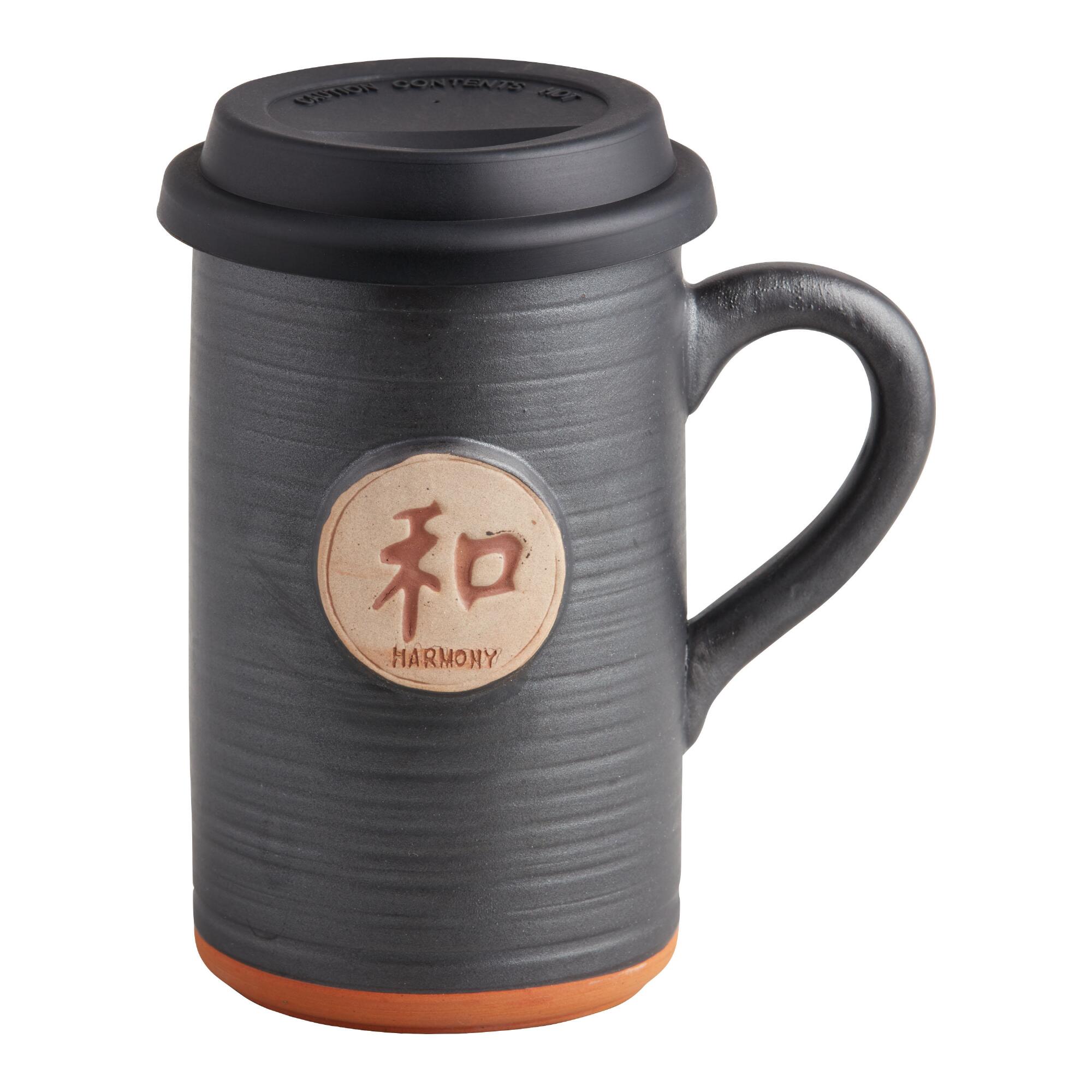 Black Harmony Ceramic To Go Mug with Lid - Stoneware by World Market