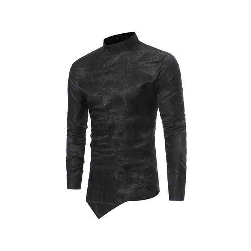 Men's Shirt Long Sleeves Printed Turtleneck Cotton Blended With Dark PatternAsymmertric Length Hip Hop Causual Homme Clothing - black, xl