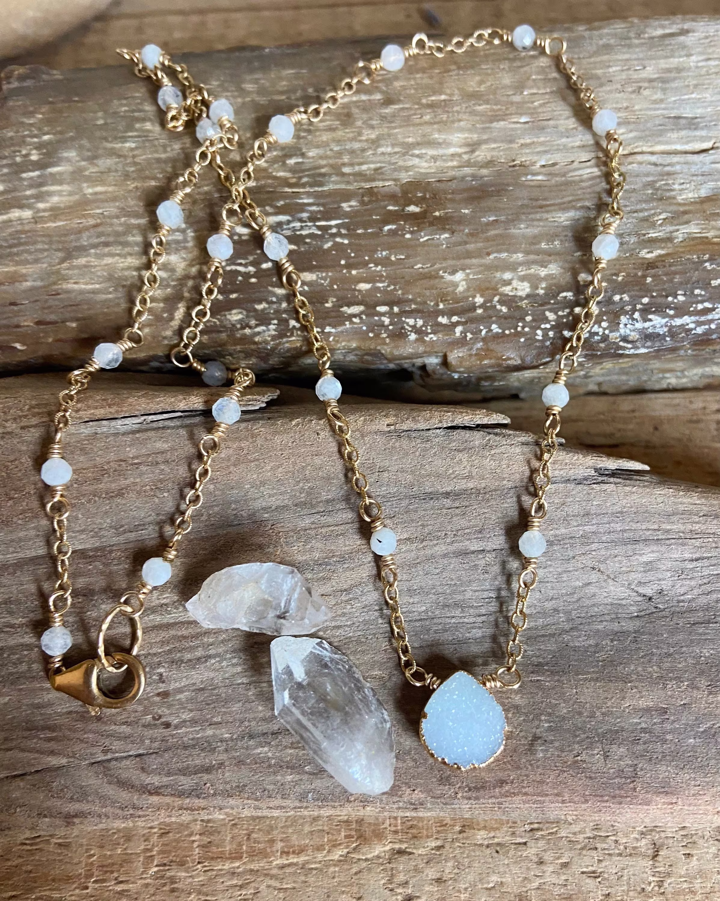 Moonstone & Druzy Gemstone Gold Pendant Necklace