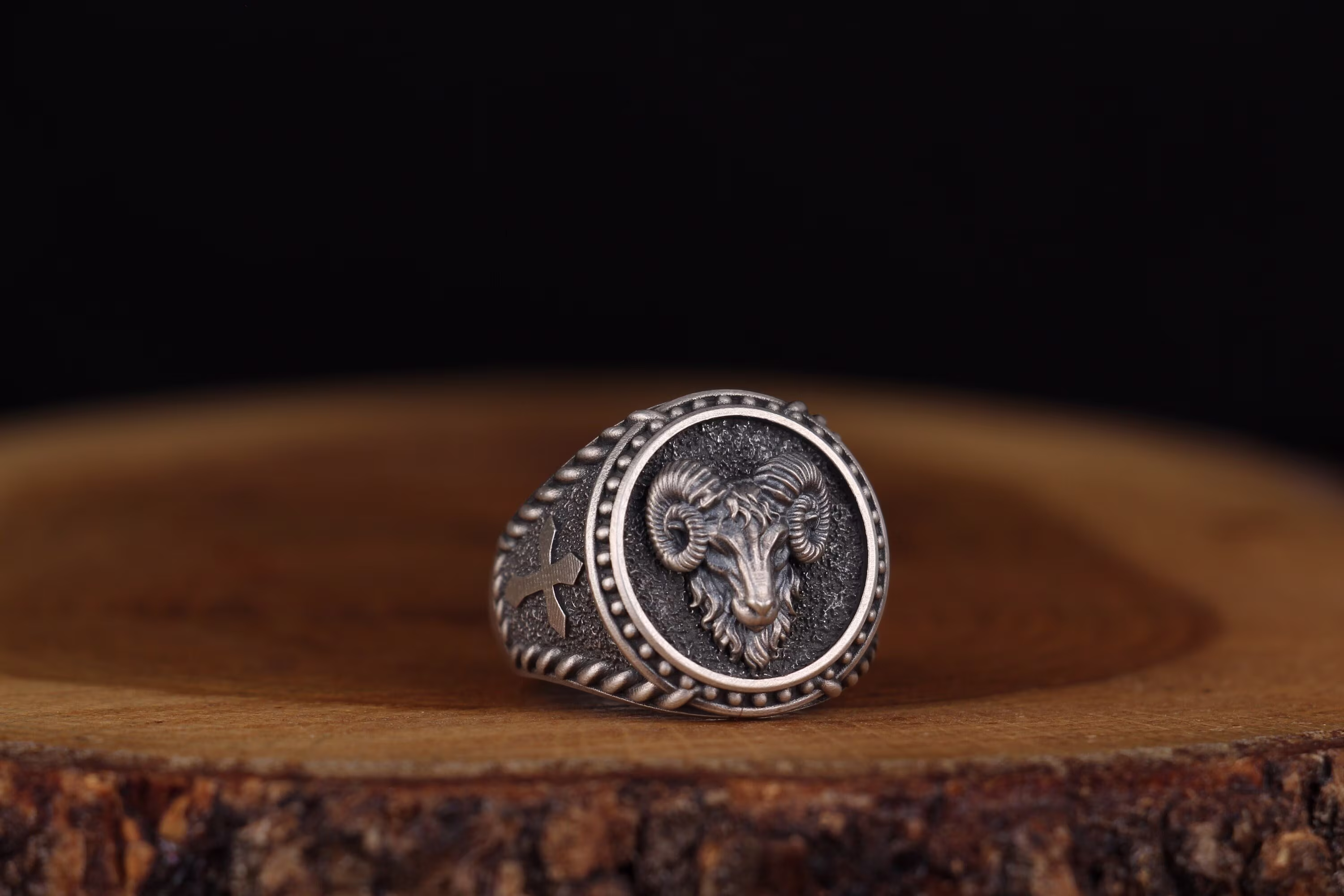 Handmade Silver Ram Ring, Aries Head Signet Cross Viking Nordic Men Accessory Minimalist Gift For Him
