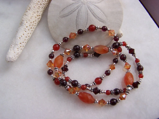 Red Stretch Beaded Bracelet Set, Agate Bracelet, Garnet Carnelian Sterling Silver Swarovski Crystal