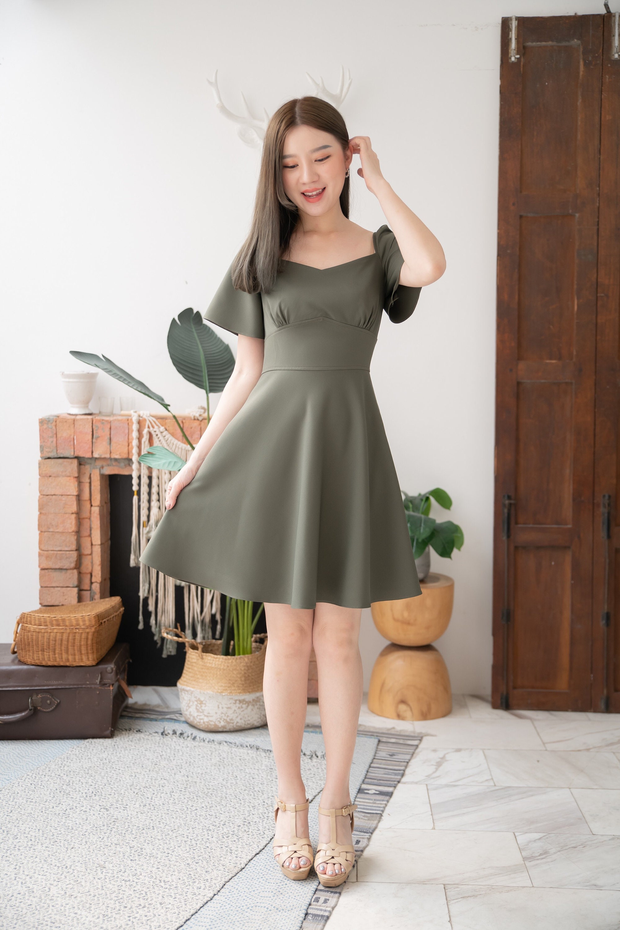 Army Green Dress Swing Party Summer Office Wear Flare Prom Bell Sleeve Mini Vintage Sundress Bridesmaid Dress-Monet
