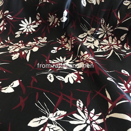 Silk Fabric, White & Deep Red Mandarin Orchid Floral Print, 30M/M, Linen Blend Satin Half Yard By 44" Wide