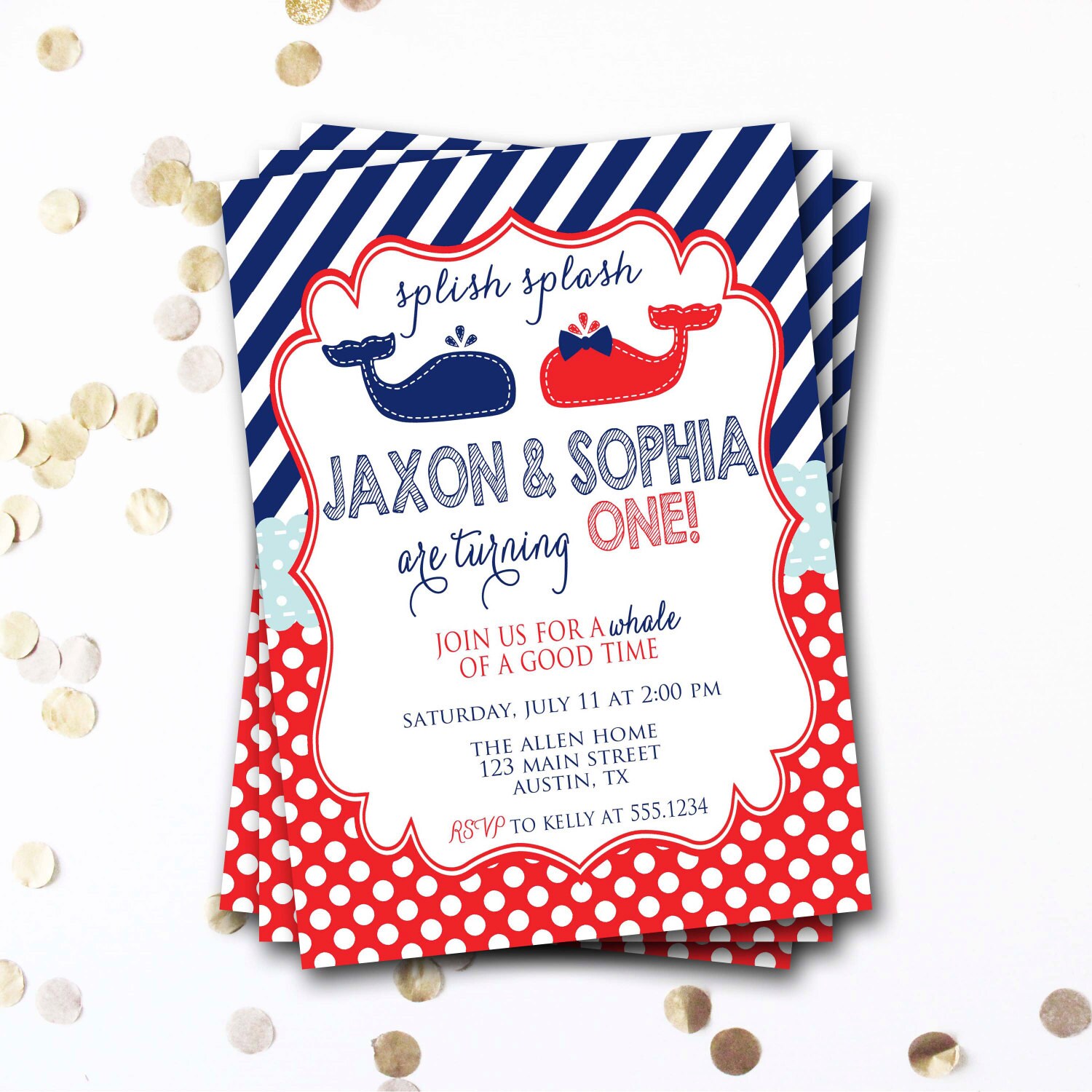 Whale Twin Birthday Invitation, Nautical Ocean Invitation