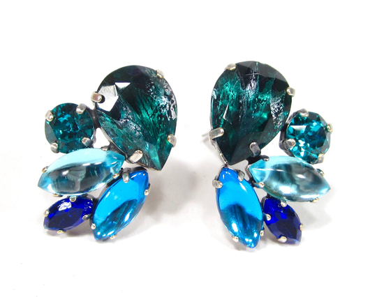 Unique Blue Turquoise Earrings Navette Drops Crystal Rhinestones Bohemian Vintage Glass From The 60S Handmade in Cologne