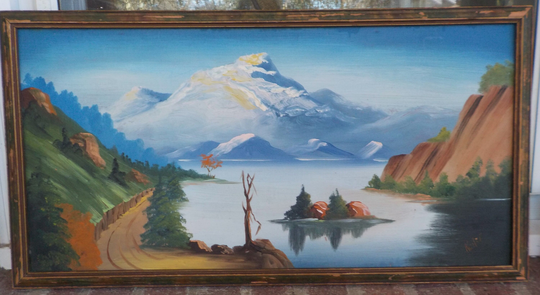 Vintage Art Deco Snowy Mountain & Lake Roadside Oil Painting Framed C1930-40S