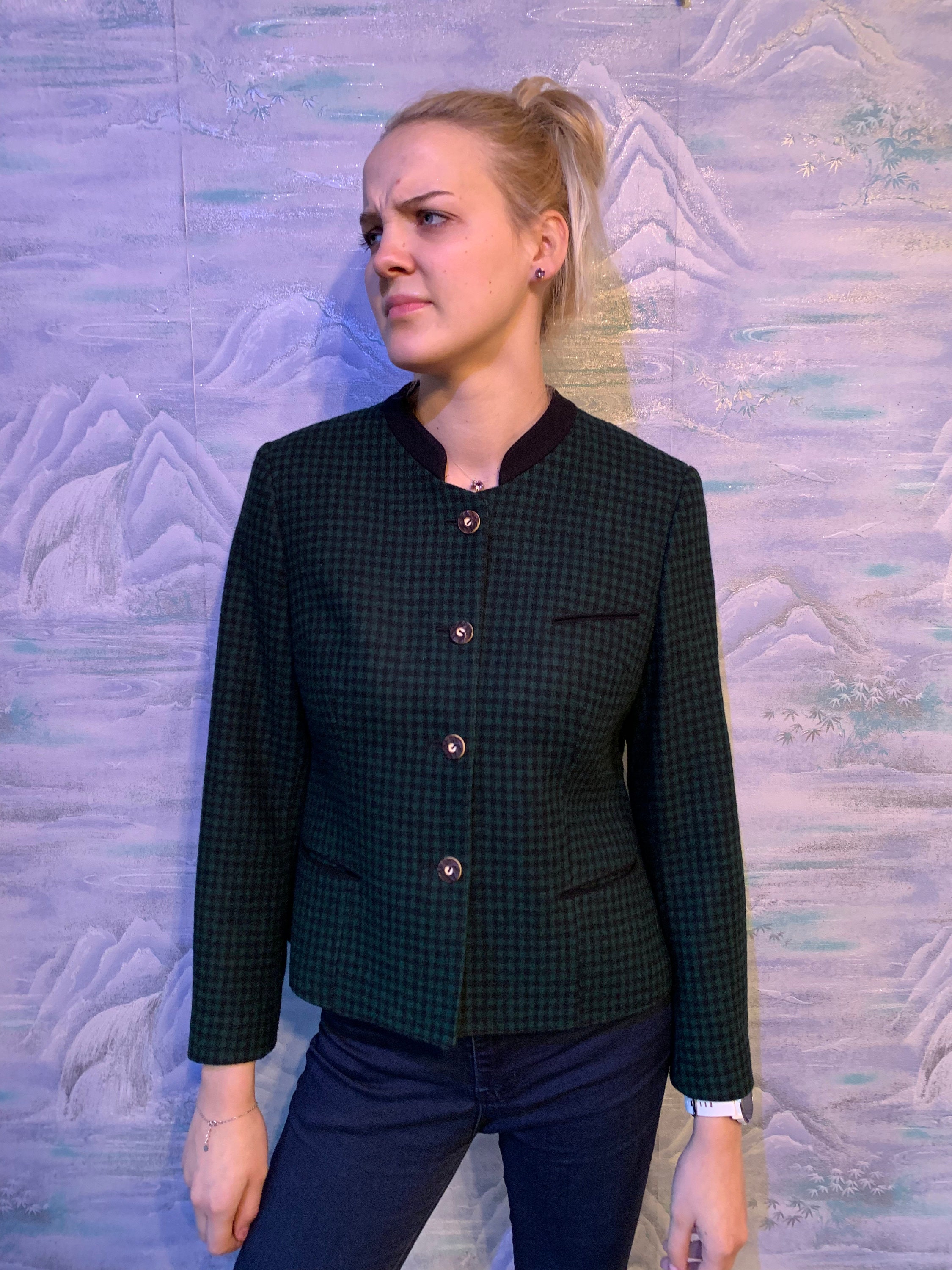 Vintage Wool Blend Green Plaid Loden Jacket Blazer German Austrian National Traditional Oktoberfest Bavarian Medium To Large Size