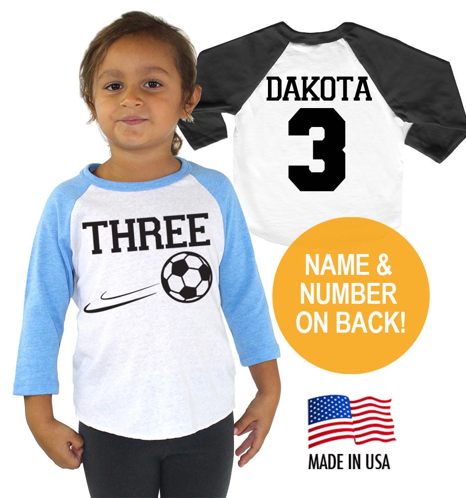 Soccer Third 3rd Birthday Tri-Blend Raglan Baseball Shirt - Personalized Name & Number On Back Toddler Sizes Twins Triplets