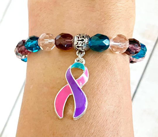 Thyroid Cancer Disease Hashimotos Graves Lupus Hypothyroid Hyperthyroid Awareness Ribbon Infinity Beaded Stretch Bracelet