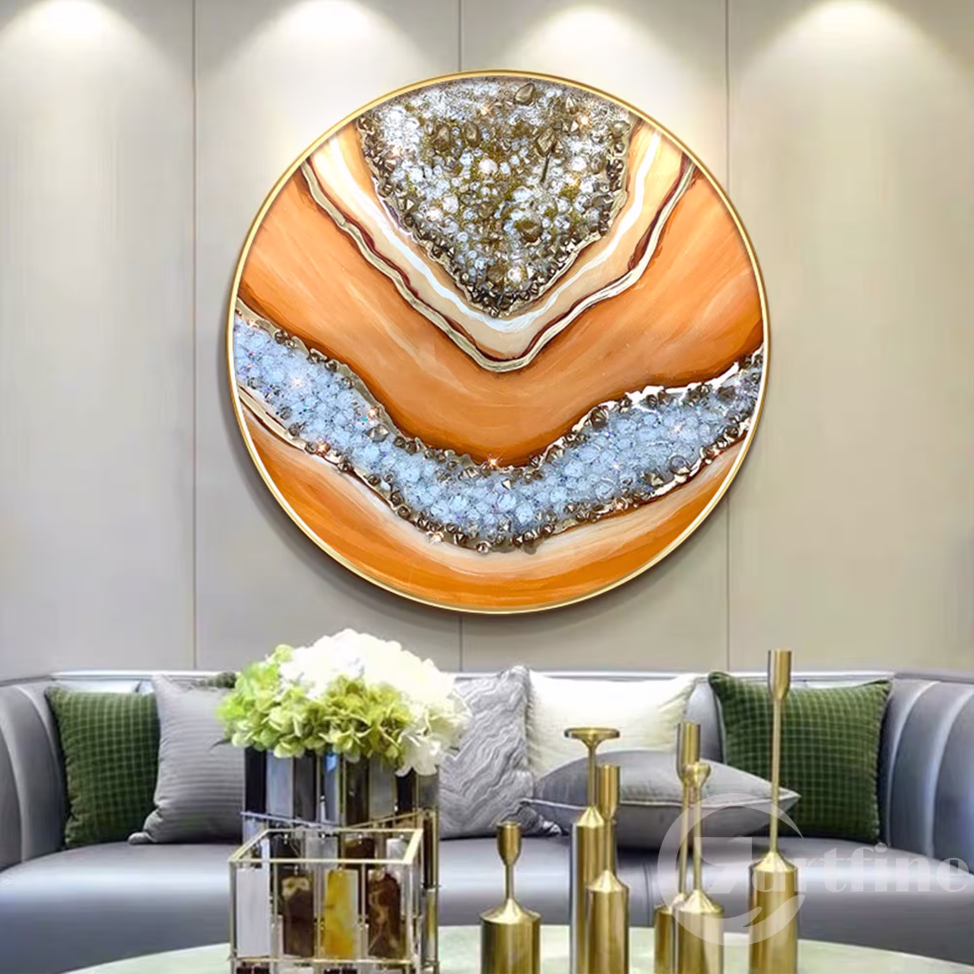 Resin Art Geode Round Wall Framed Abstract Gold Orange Luxury Ocean Epoxy Painting 3D Large Acrylic Pour Painting Fluid