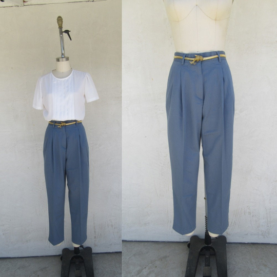 Ll Bean New Old Stock Blue Cotton Blend High Waist Tapered Pleated Trousers | 90S Minimal High Rise Pants 27 4 R 30 Inseam