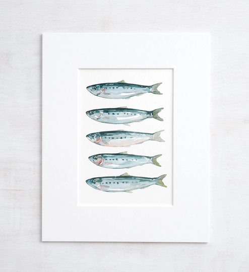 Sardines Fish Watercolor Art Print, Coastal Kitchen