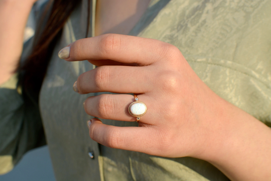 14K Gold Opal Ring, Oval Solid Multi Stone Statement Proposal Wedding Cz Unique Design Ring